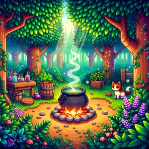 "Create a charming, Stardew Valley-inspired scene featuring a qu...
