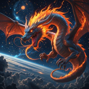 Dramatic digital painting. A celestial dragon bursts forth from...