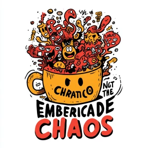 Cartoon coffee cup overflowing with whimsical chaos, swirling st...