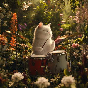 A white cat playing a drum set appropriately sized for a feline,...
