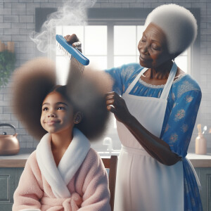 Create a realistic 3-D image of an african-American grandmother wearing a blue house dress and a white apron . She is in the kitchen with her african-American granddaughter. Her granddaughter is wearing a pink bath robe. The grandmother has a hot comb in her hand and she is straightening her granddaughters hair. One side of her granddaughters hair is in  a Afro the other straight 
There is smoke coming from the hot comb
The granddaughter is making a face