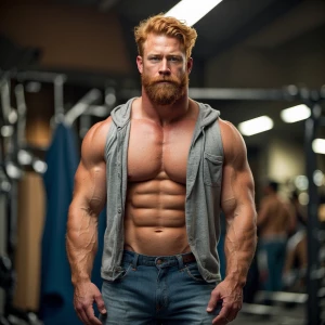 big beefy body muscles bodybuilder ginger bearded man shirtless...