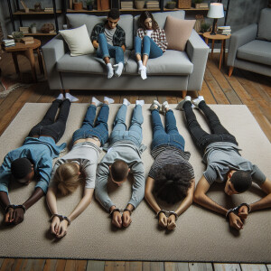 realistic image of 5 white male teens handcuffed laying face dow...