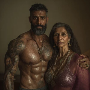 Create a hyperrealism,photo painting of a muscular, tattooed Ind...