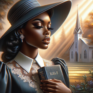 Render an airbrush oil painting of an African American woman with flawless makeup in a
contemplative pose, holding a Bible close to her heart, dressed in an elegant Sunday Best
outfit with a distinctive Church Hat. The background features a peaceful church garden,
with light filtering through the trees, highlighting her spiritual connection and the personal
moment of reflection. The artwork should capture the tranquility of the scene, the beauty
of her attire, and the depth of her contemplation, reflecting a serene and spiritually