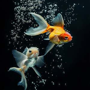 goldfish playing with guppies