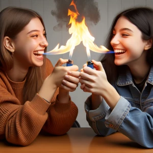 Two girls having a fart fire fight. They fart into a lighter and...