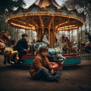 An abandoned children's carousel. A boy is sitting unconscious o...