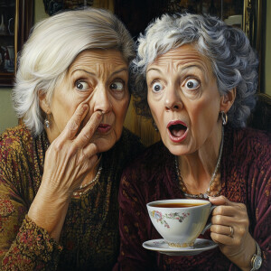Create a realistic picture of 2 women in their 50's whispering,...