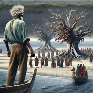 A gray-haired fisherman rowed up to an island with dry trees wit...