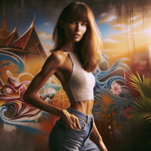 Athletic Thin skinny Attractive, Asian teenage girl, long brown hair and bangs, wearing tight skinny jeans and a halter top paint marks on her clothing, heroic pose Asian graffiti background, side view