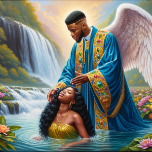 An oil painting depicting a light-skinned African-American pasto...