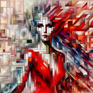 A woman in a red dress, using fragmented geometric shapes and mu...
