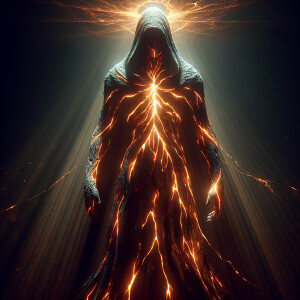 This image depicts a dark, mysterious figure standing in a shado...