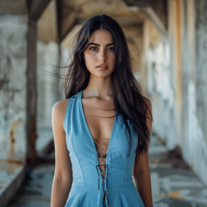 Fair-skinned woman with dark long hair, elegant and composed, wa...