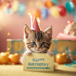A cute kitten holding a sign saying ‘happy birthday fibi