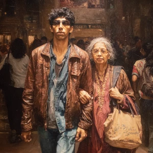 hyperrealism painting.a indian criminal sweaty young man ,walki...