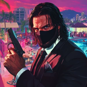 A man with long, dark hair and a beard, wearing a black suit and...