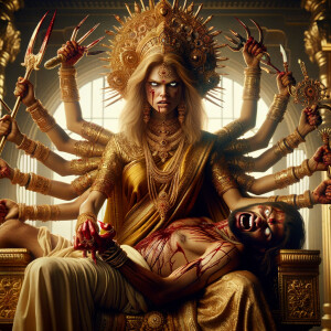 portrait of angry looking, four-armed indian goddess  sitting on a gold throne and carrying a weak mahishasur on her lap and poking his abdomen with her amazingly long red fingernails . She is wearing gold armor, a huge gold crown, gold saree, abundant  gold jewelry, covered in blood. The scene is set in ancient India. The image is 8K resolution, cinematic, photography, ultra detailed face and epic.