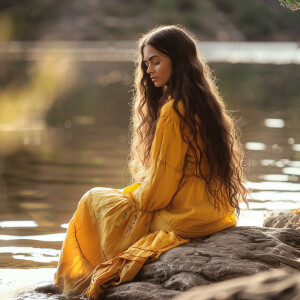 Capture the elegance of a fair-skinned woman with dark long hair...