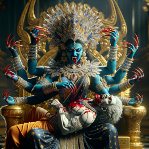 portrait of angry looking, four-armed indian goddess blue skinned sitting on a gold crown and carrying a weak mahishasur on her lap and poking his abdomen with her amazingly long red fingernails . She is wearing diamond armor, a huge diamond crown, black saree, abundant  diamond jewelry, covered in blood. The scene is set in ancient India. The image is 8K resolution, cinematic, photography, ultra detailed face and epic.