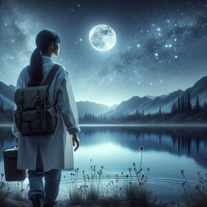One young researcher approaches the lake. There is a moon in the...