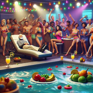 Photorealistic image. 90s hottub party. Chaise lounge in front e...