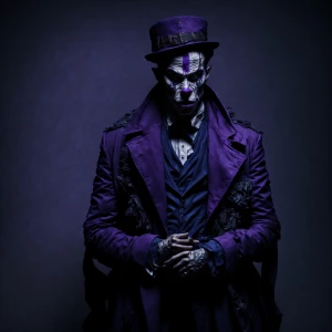 "Under a dimly lit  streetlight, a gangster clown stands alone,...