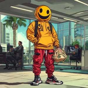 Create an image of a muscular character with an exaggerated smil...