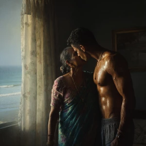 Hyperrealism painting.a muscular sweaty indian man standing in...