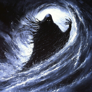 The Grim Reaper, a towering figure shrouded in darkness and myst...