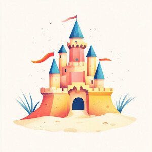 Create a vibrant and whimsical sandcastle illustration with simp...