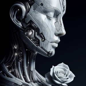 "Visualize a meticulously carved marble rose, each petal intrica...