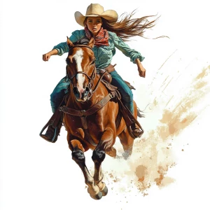 A determined cowgirl riding a galloping horse, dynamic pose with...