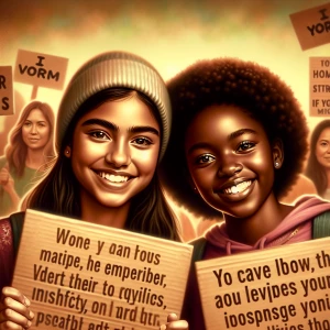 A digital portrait of two brown-skinned girls holding cardboard...