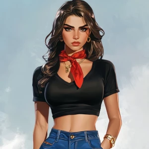 Lucia from GTA, not very cute girl with brown hair, thick eyebro...