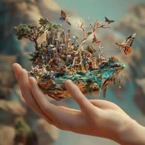 Create a 3D image in ultra-high resolution that artistically sym...