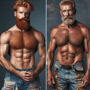 Two muscular, older men in their 60s with ginger hair and beards...
