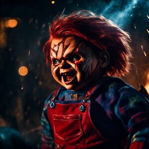 stylized, aggressive-looking  chucky  with cuts, stiches and blo...
