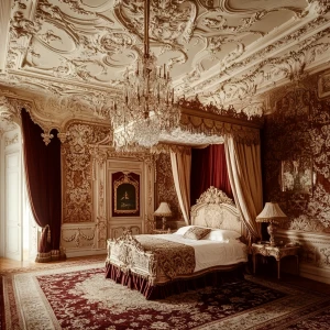photo of a baroque palace bedroom with canopy bed, baroque class...