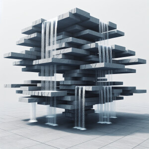 A floating fountain constructed with thin slabs of slate stone,...