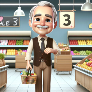 Happy old man in grocery store with sign above saying Dalle 3, c...