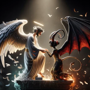 "A glowing male angel with radiant white wings gently lifting a...