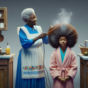 Create a realistic 3-D image of an african-American grandmother wearing a blue house dress and a white apron . She is in the kitchen with her african-American granddaughter. Her granddaughter is wearing a pink bath robe. The grandmother has a hot comb in her hand and she is straightening her granddaughters hair. One side of her granddaughters hair is in  a Afro the other straight 
There is smoke coming from the hot comb
The granddaughter is making a face