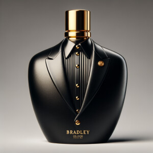 Create a realistic, 3-D cologne bottle That looks like a black Gucci tuxedo with a gold top and the name Bradley written in gold letters