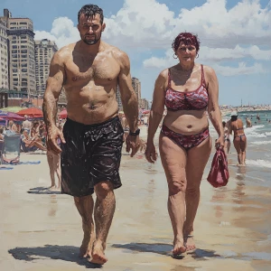 Realism,a muscular sweaty man walking with his 50 years old poo...