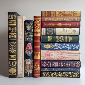 A neatly arranged stack of books with varying heights on a white...