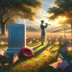 "Visualize a serene and respectful Memorial Day scene, featuring...