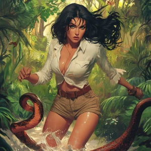 A vintage adventure illustration in the style of classic 1950s p...