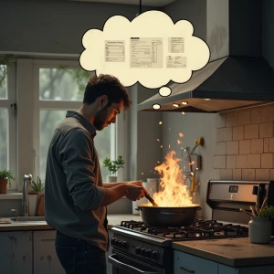 Young man cooking over a dirty stove in a nasty kitchen,  above...